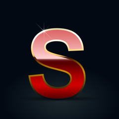Red glossy casino letter S uppercase with golden outline isolated on black background
