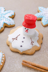homemade gingerbread like melting snowman on the baking paper