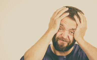 Worried man gesturing with hands - obrazy, fototapety, plakaty