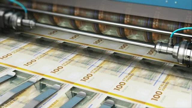 Printing 100 DK Danish krona money banknotes