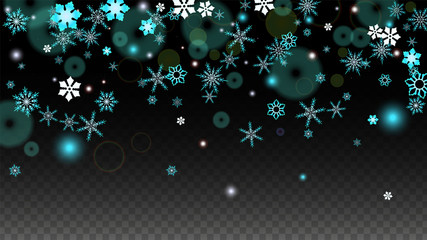 Christmas  Vector Background with Blue Falling Snowflakes Isolated on Transparent Background. Realistic Snow Sparkle Pattern. Snowfall Overlay Print. Winter Sky. Design for Party Invitation.