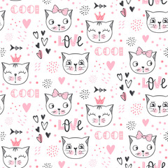 Vector fashion cat seamless pattern. Cute kitten illustration