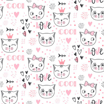 Vector fashion cat seamless pattern. Cute kitten illustration