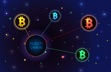 Obraz na płótnie Canvas Blockchain concept banner. Circle blocks connection with each other and shapes crypto chain. Bitcoin in circle. Futuristic template design. Luminous cyber hologram. Sci fi digital futuristic theme.