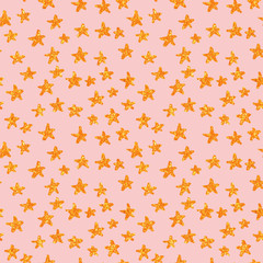 Hand Drawn golden stars. Seamless pattern with gold stars. Gift wrap, print, cloth, christmas holiday, cute background for a card. star on pink background. Yellow gold glitter sparkling shiny.
