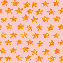 Hand Drawn golden stars. Seamless pattern with gold stars. Gift wrap, print, cloth, christmas holiday, cute background for a card. star on pink background. Yellow gold glitter sparkling shiny.