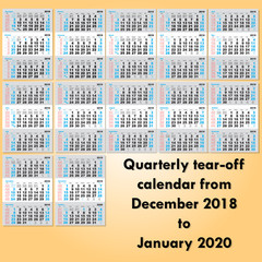 Quarterly tear-off vector calendar from December 2018 to January 2020