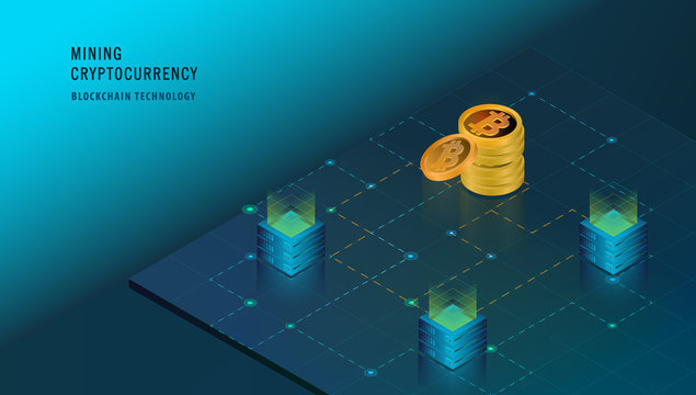 Isometric Cryptocurrency and Blockchain concept. Farm for mining bitcoins. Digital money market, investment, finance and trading. Hi tech technology. Perfect for web design, banner and presentation.