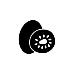 Black & white vector illustration of whole & cut kiwi fruit with seeds. Flat icon of fresh berry of chinese gooseberry. Vegan & vegetarian food. Isolated object