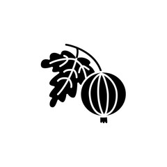 Black & white vector illustration of organic gooseberry with leaf. Flat icon of fresh berry. Vegan & vegetarian food. Health eating ingredient. Isolated object