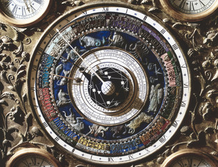 Fototapeta na wymiar Vintage Clock With Celestial Map Depicting Constellations And Signs Of The Zodiac