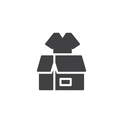 Clothes donation vector icon. filled flat sign for mobile concept and web design. Parcel box with t-shirt simple solid icon. Symbol, logo illustration. Pixel perfect vector graphics
