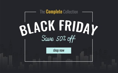Black friday sale poster with night city silhouette. Vector illustration. 