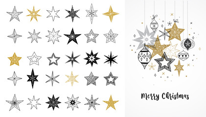 Collection of snowflakes, stars, Christmas decorations, hand drawn illustrations