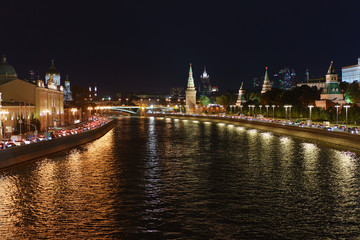 Fototapeta na wymiar City image at the autumn night: Moskva river, Kremlin and Cathedral of Christ the Saviour