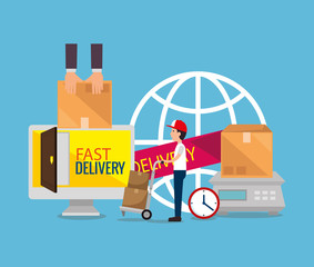delivery service worker with computer