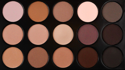 Natural brown matte eye shadow palette close up. 