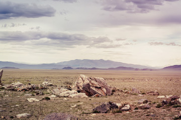 Tarkhatinsky megalithic complex. Steppe and blue mountains on the horizon. Altai Russia.