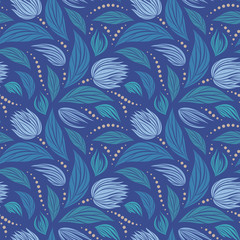 Seamless vector floral pattern with abstract flowers in blue colors