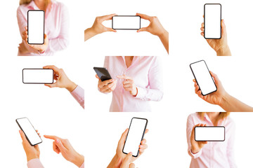 Collage of different isolated photos of person holding mobile phone in hands