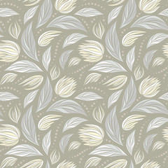 Seamless vector floral pattern with abstract flowers in pastel light beige colors