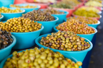 counter with olives in the market