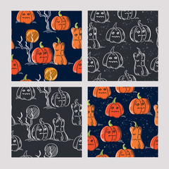 Set of Halloween seamless patterns with pumpkins. Background for textile, wallpapers, gift wrap and scrapbook. Black and white vector illustration.