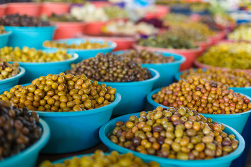 counter with olives in the market