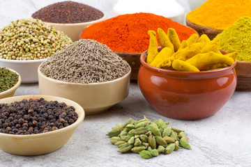 Indian Spices Collection Also Called Chili Powder, Turmeric Powder, Coriander, Fenugreek, Cumin, Mustard Seed, Salt, Black Pepper, Cardamom, Cloves, Turmeric Stick, Dry Chili on Vintage Background