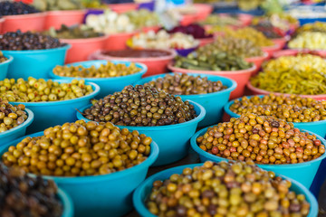 counter with olives in the market