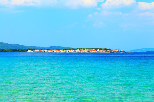 Blue Adriatic sea and Island Krapanj near Sibenik touristic destination, Croatia