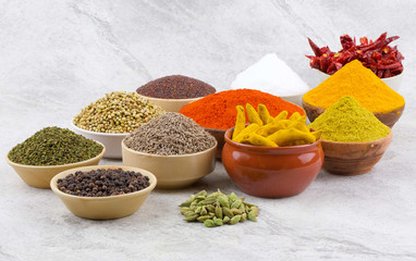 Indian Spices Collection Also Called Chili Powder, Turmeric Powder, Coriander, Fenugreek, Cumin, Mustard Seed, Salt, Black Pepper, Cardamom, Cloves, Turmeric Stick, Dry Chili on Vintage Background
