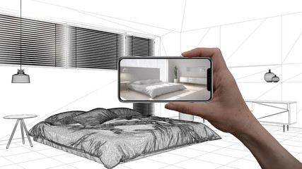 Hand holding smart phone, AR application, simulate furniture and interior design products in real home, architect designer concept, sketch background, modern bedroom