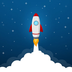 Rocket launch icon on blue sky background
