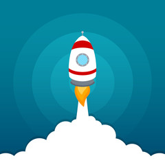 Rocket launch icon on blue sky background
