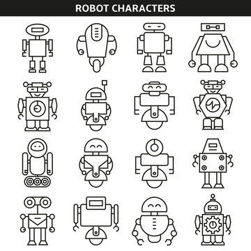 robot character icons in line style