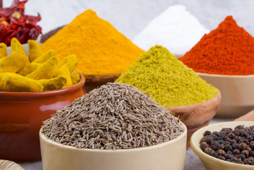 Indian Spices Collection Also Called Red Chili, Turmeric Powder, Coriander, Fenugreek, Mustard Seed, Salt, Turmeric Stick, Cumin, Dry Chili, Cardamom, Black Pepper, Mirchi, Haldi on Vintage Background
