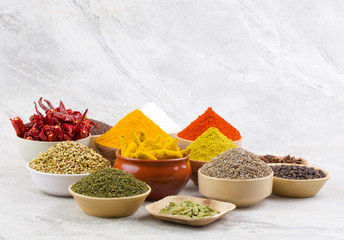 Indian Spices Collection Also Called Chili Powder, Turmeric Powder, Coriander, Fenugreek, Cumin, Mustard Seed, Salt, Black Pepper, Cardamom, Cloves, Turmeric Stick, Dry Chili on Vintage Background