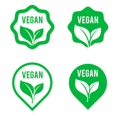 Vegan green logo stickers set for vegan product shop tags, vegetarian labels or banners and posters. Set of bubbles, stickers, labels, tags with text. Natural, eco food.