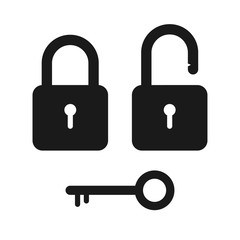 Black padlock icon, lock and unlock position with the key