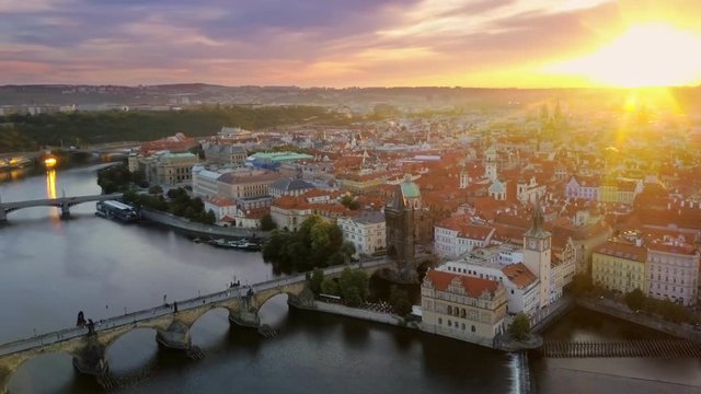 aerial view of prague  old town flying over charles bridge cut two