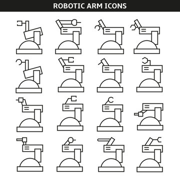 robotic arm and industrial robot icons set in line style