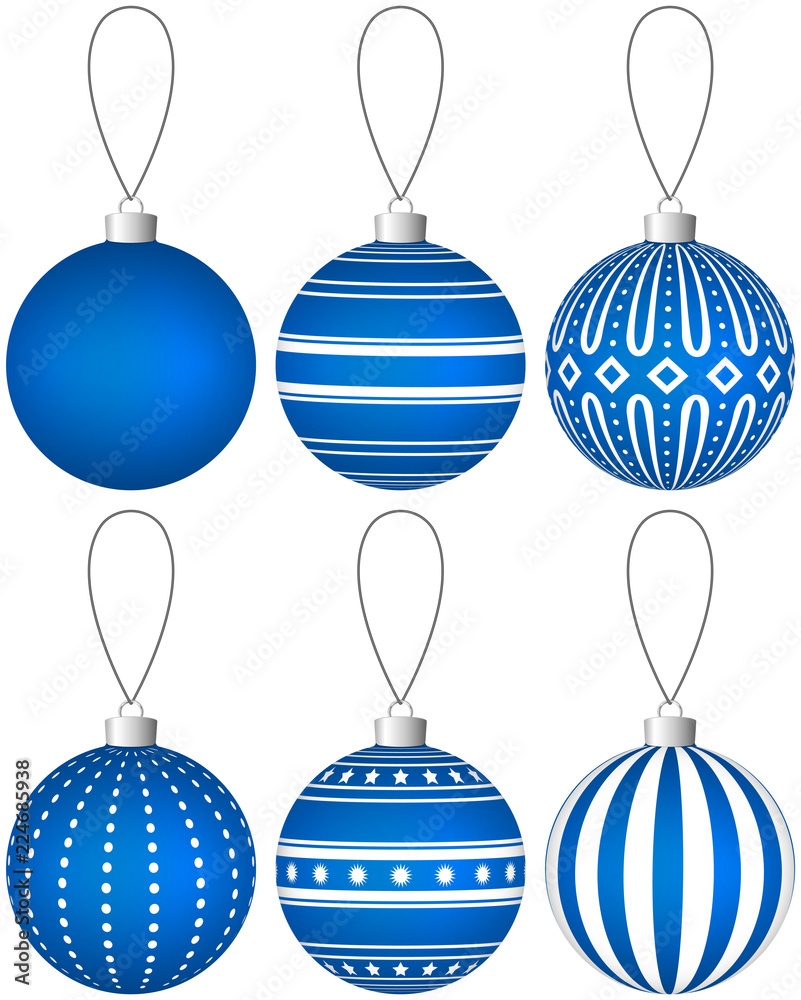 Aufkleber collection of blue christmas balls with pattern hanging on a thread. vector eps 10