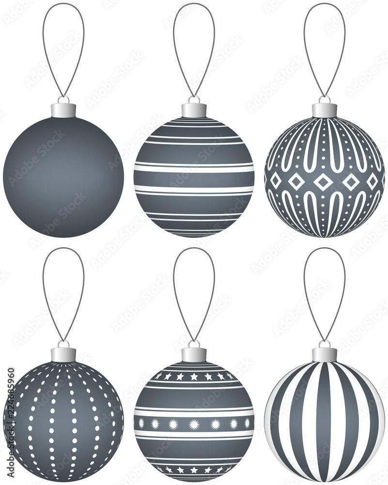Aufkleber collection of dark gray christmas balls with pattern hanging on a thread. vector eps 10