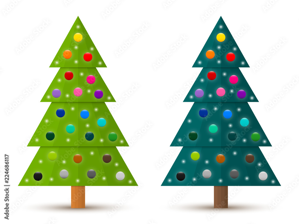 Aufkleber set 3 of abstract geometric decorated coniferous trees with colorful baubles. two shades of green. v
