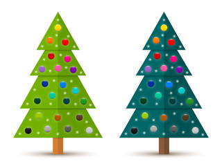 Set 2 of abstract geometric decorated coniferous trees with colorful baubles. Two shades of green. Vector EPS 10