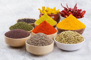Indian Spices Collection Also Called Red Chili Powder, Turmeric Powder, Coriander Powder, Turmeric Stick, Dry Chili, Fenugreek, Black Pepper, Cumin, Mustard Seed, Mirchi, Haldi on Vintage Background