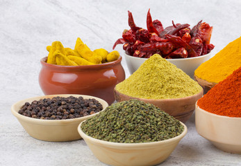 Indian Spices Collection Also Called Red Chili Powder, Turmeric Powder, Coriander Powder, Turmeric Stick, Dry Chili, Fenugreek, Black Pepper, Mirchi, Haldi, Dhaniya on Vintage Background