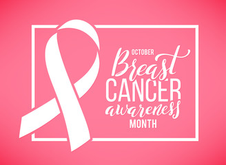 Poster with handdrawn lettering breast cancer and pink ribbon.