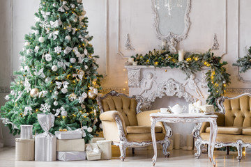 classic apartments with a white fireplace, decorated fir tree, sofa, large windows and chandelier. Christmas morning .